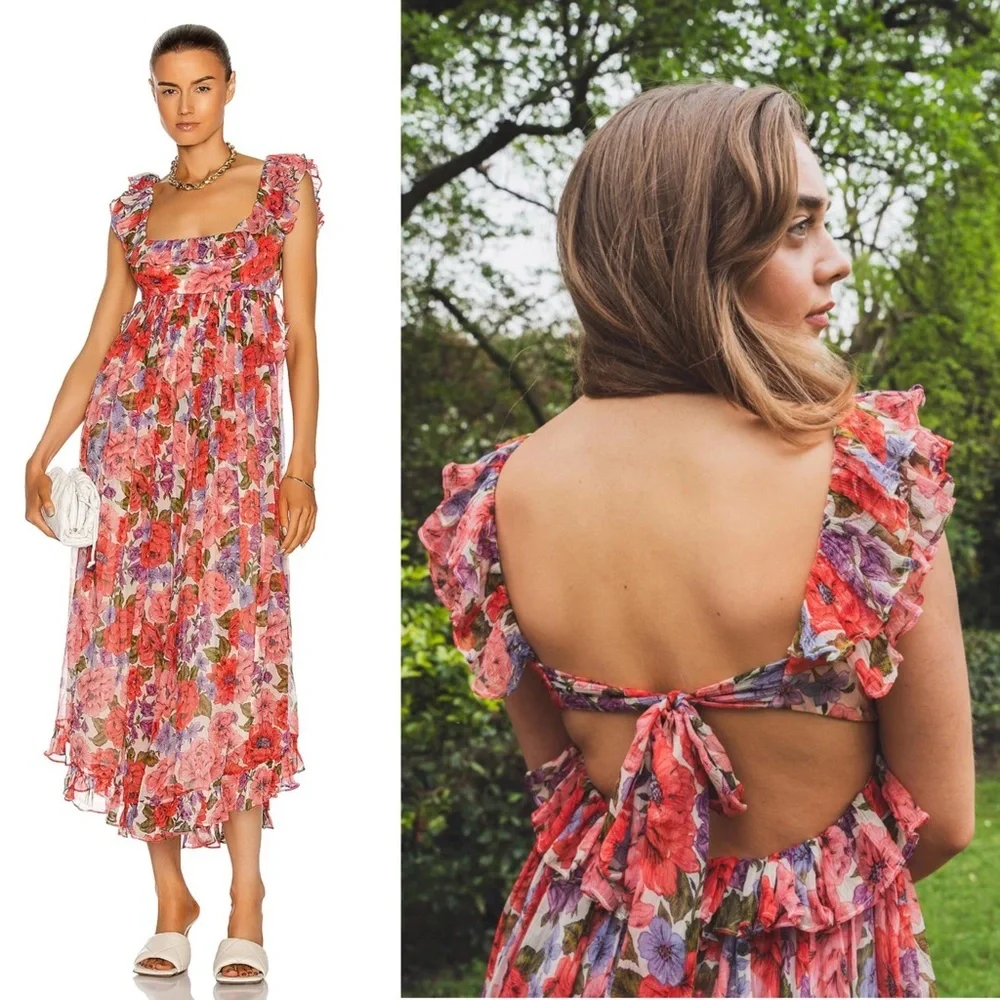 ZIMMERMANN Silk Floral Print Sleeveless Empire Waist Tie Back Lovestruck Dress M - Picture 8 of 16